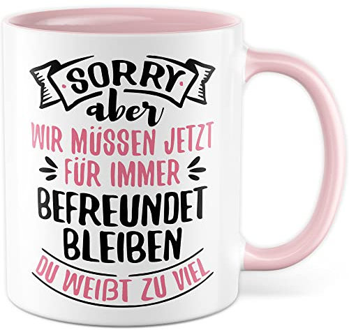 Abschied Tasse Abschiedsgeschenk Kaffeetasse Du weißt zu viel Spruch lustiger Kaffee-Becher Jobwechsel Kollege Kollegin Ruhestand Geschenkidee Rente Geschenk Humor Freunde bleiben (Weiß/Rosa)