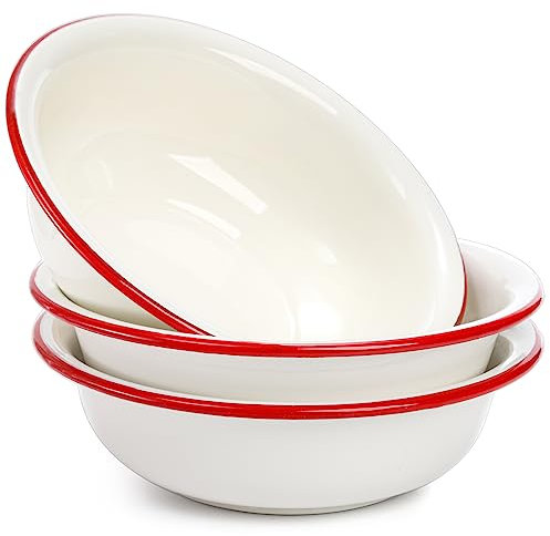 Elsjoy 3 Pack 22cm Enamel Bowl, 34 Oz Large Enamel Mixing Bowls Wide Salad Bowl with Red Rim, Vintage White Enamelware for Soup, Fruit, Pasta