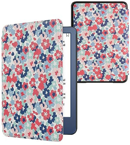 kwmobile Klapphülle kompatibel mit Amazon Kindle (2022/2024) Hülle - eReader Case - Pastellblumen Rot Altrosa Blau
