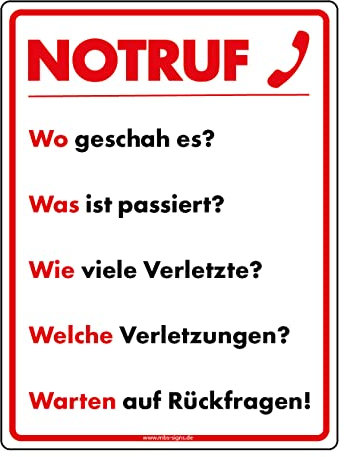 Aufkleber Rettungs Hinweis Notruf W-Fragen Notruf Schild Folie selbstklebend rot/weiß | Größen wählbar Made in Germany, Größen Name: 7,5x9 cm