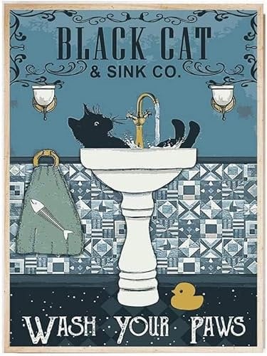 Black Cat Wash Your Paws Poster Bathroom Decoration Print Animal Picture Vintage Wall Art Toilet Restroom Home Decor (Framed Black, A3 29.7 x 42cm)