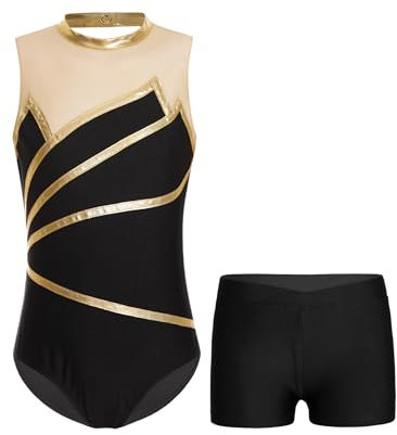 Aiihoo Mädchen Turnanzug Ärmellose Gymnastikanzug Ballettbody mit Kurz Hose Ballett Trikot Tanzkostüm Ballettkleidung Gold 158-164