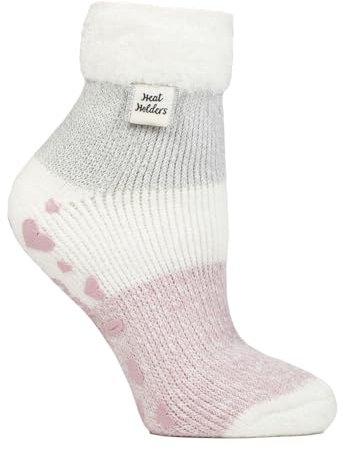 HEAT HOLDERS - Ladies Extra Soft Fluffy Non Slip Thermal Low Cut Ankle Slipper Lounge Bed Socks with Grips(size 4-8), (Ivory/Rose)