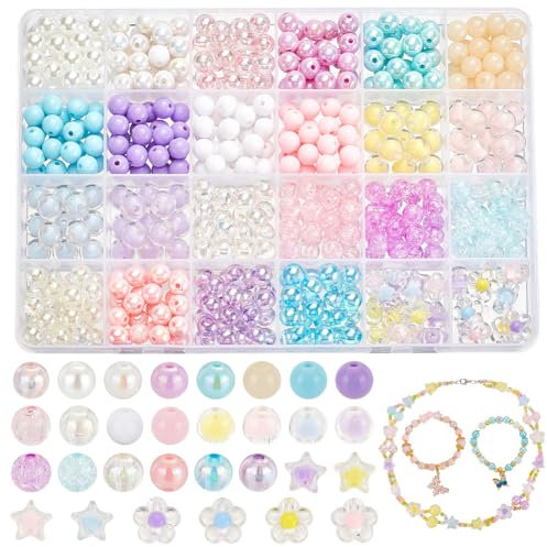 PH PandaHall 522 Stück 8mm Rundes Acrylperlen Armband Herstellungs Set Großes Rundes Perlen Set Stern Blumen Perlen Bastel Acryl Perlen Set Für Die Schmuckherstellung Armband Halskette DIY Handwerk