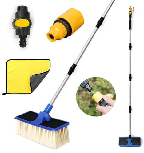 HEYIDAMAI Cepillo de lavado telescópico con conexión de agua, cepillo de lavado para autocaravanas, 168 cm, cepillo de lavado de coche, camión con mango telescópico, cepillo de lavado para caravana,