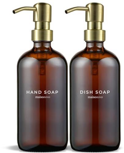 MaisoNovo Soap Dispenser 2-Piece Set | 16.9oz Amber Bottles with Gold Stainless Steel Pumps