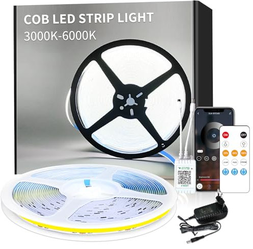 Yeewhale COB LED Strip 6000K Weiß,App Steuerung mit Fernbedienung 20m Dimmable 24 V Flexible COB led streifen Set Bright Under-Unit Light for Home Party DIY Decoration
