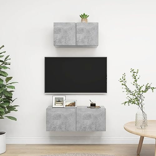 LAPOOH Ensemble de Meuble TV 2 pcs Gris béton Aggloméré,Meuble TV,Table Basse Salon Meuble TV,Table Basse LED Couleurs