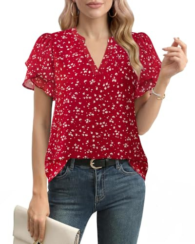 Lotusmile Dressy Chiffon Tops for Women, Red Blouses for Casual Office Work, Short Sleeve Wrinkle Free Travel Clothes, Summer Tops