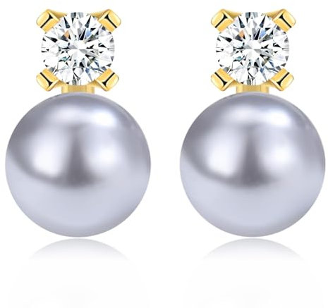 MASOP Perlenohrringe Gold Ohrstecker Graue Perlen 8mm Zirkonia Stein Perlenohrstecker Versilbert für Damen Frauen Braut Freundin Mama