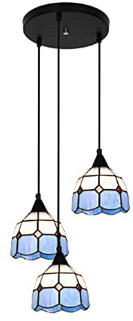 Luminaire Suspendu à 3 grappes Bleues, Suspension en Verre Vintage E27, Lustre de Plafond, Abat-Jour en vitrail pour Salon, îlot de Cuisine, Salle à Manger, luminaire d'intérieur