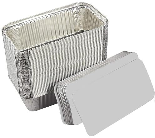 HiFEN® 50 recipientes grandes desechables de aluminio 6A reutilizables con tapas de 600 ml – Bandejas de aluminio con tapas para almacenamiento de alimentos, preparación de comidas, comida para