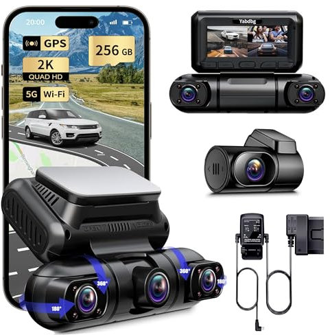 Yabdbg 4 Kanal Dashcam Auto 5G WiFi,360° Drehbar Vorne Hinten Innen Links Rechts Dash Cam,Radar Bewegungserkennung Dashcams,Parküberwachung,GPS,Nachtsicht,1080P 3.0 mit 256GB Karte,Hardwire Kit