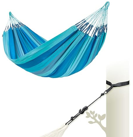 LA SIESTA® Modesta Bio-Baumwoll Hängematte & Baum- & Pfosten-Befestigung, Gurten für Baumen Balken Pfosten - Indoor Outdoor Hängematte für Garten Balkon - Doppel Hängematte für 2 Personen, Lagoon