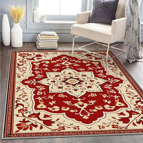 AUWUUA Teppich Quadratisch 150x250cm Orientalisch Vintage Teppich Ethnogeometrie, Teppiche Kurzflor, Waschbar rutschfest Tradition Teppiche Gegend für Schlafzimmer Esszimmer Küche Flur Fußmatte, Rot