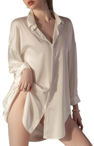 NewBull Women's Long sleeve Dress Shirts Oversized Satin Button Down Blouses Bussiness Casual Tops for Ladies Women Sexy Babydoll Lingerie Plus Size Bathrobe Bikini Cover-Up for Beach Pool Party