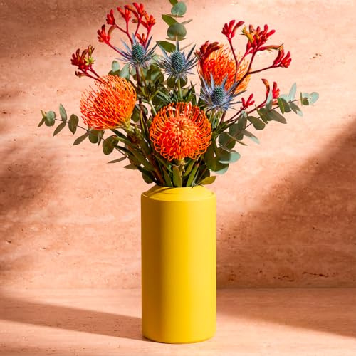 Design Metallvase mit austauschbaren Aluminium-Ringen – Moderne Deko-Vase aus pulverbeschichtetem Metall, spülmaschinenfest & Kratzfest – FLOARE von Siqual Design (Gelb, 17cm)