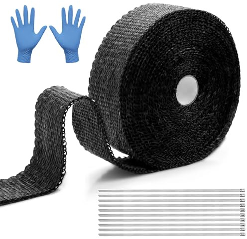 15Mx5CM Hitzeschutzband Auspuff - Dichtband Hitzeschutz, Motorcycle Manifold mit 10 und ein Paar Handschuhe Kabelbinder Stainless Steel Cable Ties, Auspuffbandage für Motorrad Auto Fächerkrümmer