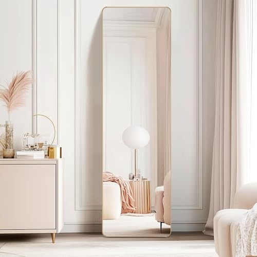 CROWNSHOP Full Length Mirrors 160x50cm Free Standing Aluminium Alloy Tempered Glass Floor Mirror Wall Full Body Large Hanging Mirror For Hallway, Living Room, Bedroom (160x50cm Gold)