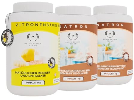 Natron 2x1 kg + Zitronensäure 1 kg Set – Lebensmittelqualität E500ii/E330 | Natürliches Reiniger-Set für Küche, Bad & Waschmaschine, Entkalker und Allzweckreiniger für den Haushalt