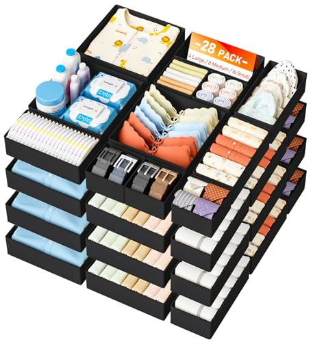 DIMJ 28Pack Fabric Drawer Organiser for Closet, Wardrobe, Bedroom, Nursery | for Underwear, Bras, Socks, Ties, Scarves, Yoga Pants, Baby Clothes, Cosmetics, Jewellery, Toys, Office Supplies, Medication