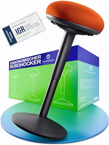 Wohnperle Bürohocker ergonomisch [Zertifiziert] 2in1 Sitzhocker & Stehhocker höhenverstellbar | Ergonomischer Hocker Schwarz für Büro und Schreibtisch - Wackelhocker + Pendelhocker (Vulcano Orange)