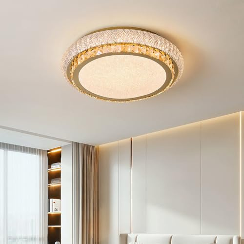 NOCHX Französischer Stil Licht Luxus Schlafzimmer Deckenlampe LED Augenschutz Gold Kristall Deckenleuchte Verstellbare Helligkeit Kreisraum Wohnzimmer Innendekoration Deckenleuchten(40CM)