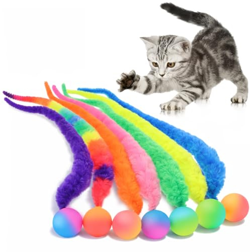 Falzqq 7-teiliges Katzenspielzeug-Set mit Wurm und Hüpfball, interaktive, Flauschige Würmer für Katzen, Bunte Zauberwürmer mit Schwanz, Katzenspielzeug