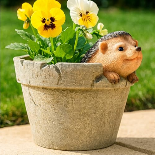 Hedgehog Garden Planter Pot, 15cm Weatherproof Resin, Hand-Painted Vintage Design, Indoor Outdoor Decorative Plant Pot with Drainage Hole, Cute Woodland Animal Planter
