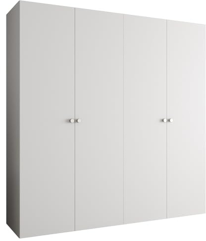 MEBLE KRYSPOL - Kleiderschrank - Garderobenschrank - 200 cm x 202 x 52 cm - Schrank mit Kleiderstange, 4 Türen - für Schlafzimmer, Flur - Parma, Weiß, Griff Silber