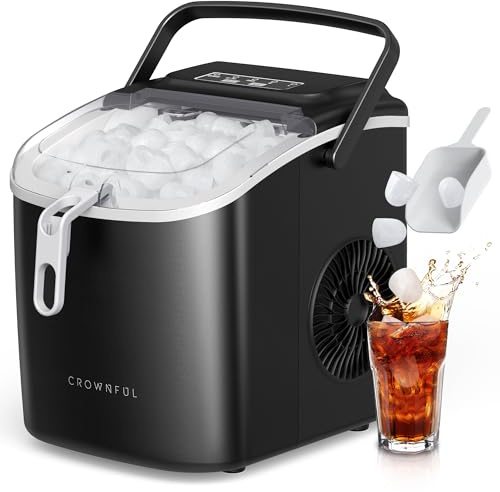 CROWNFUL Ice Maker Countertop, Self-Cleaning Function, 26lbs/24H,9 Cubes in 6 Mins, Portable Ice Cube Maker Machines with Scoop & Basket for Home/Kitchen/Office/Bar/Party (Black)