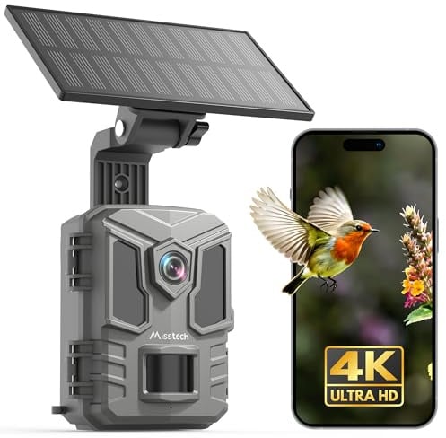 Misstech 4K 64MP UHD Solar Wildkamera mit Handyübertragung App, Ohne ABO | Klare Nachtsicht, Solar-autark, 0,1s Bewegungsmelder, Lokal Gespeichert, Datensicher, IP66 für Garten Wildtier & Naturschutz