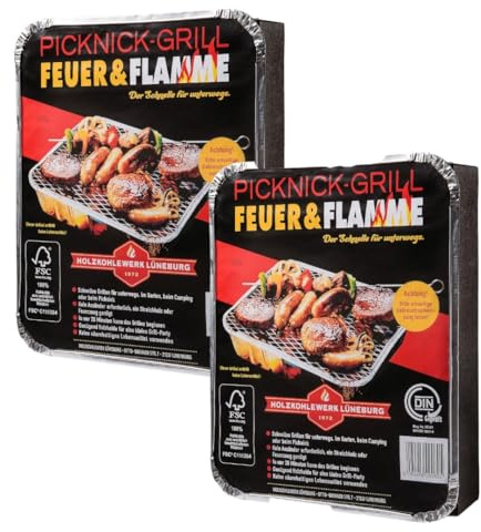 Feuer Flamme Picknick & Einweggrill (2er Pack) | perfekt geeignet, um Speisen im Camping schonend und sauber zuzubereiten
