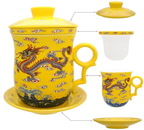 hollihi Porzellan Teetasse mit Deckel und Untertasse-Ei Sets – Chinesischer Jingdezhen Keramik Kaffee Tasse Teetasse Loose Leaf Tea Brewing System für Home Office
