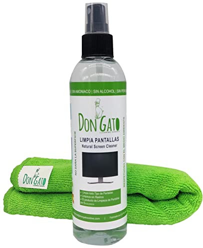 Don Gato - Limpia Pantallas + Paño Microfibras (250ml). TV, LCD/LED, Móvil, Tableta, Portátil. Hecho en España con Productos Naturales. Respeta Medio Ambiente