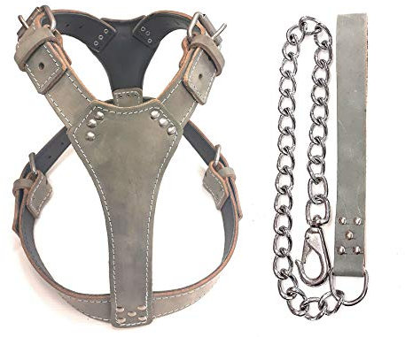 M&D Hundegeschirr aus grauem Leder mit passender Leine für große Hunde wie Staffordshire Bullterrier und mehr.