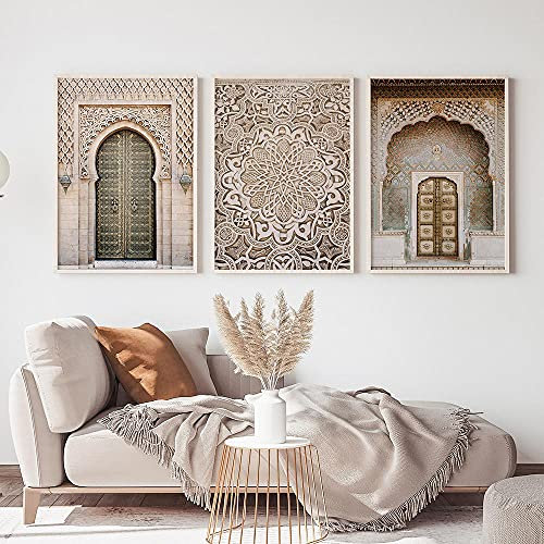 TZZXYXGS Marokkanischer Bogen Alte Tür Leinwand Gemälde Islamisches Gebäude Wandkunst Poster 3 Stück Moschee Drucke Muslim Moderne Dekoration Bild Rahmenlos 60X80Cm * 3