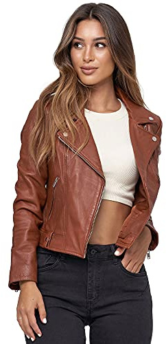 Tazzio Lederjacke Damen Echtleder Jacke im Biker Look mit coolen Zipper-Details & Reverskragen F507 (L, Cognac)