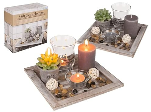 Seaside No.64 - Quadratischer Dekoteller aus Holz mit Dekomaterial - Teelichter, Kerzen, Windlichter, Dekosteine - Für Dekorations-Muffel oder als Geschenkartikel
