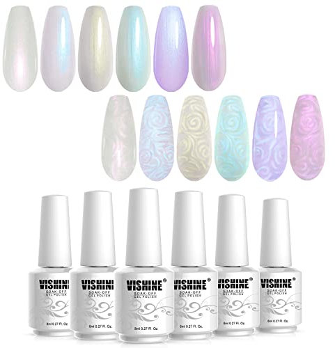 Vishine Vernis Gel Semi-permanent Nacré, Vernis à Ongles Blanc Brillant Perle Milky Vert Violet Gel pour Nail Art avec Fil Shell Soak Off UV LED 8ml