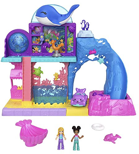 Polly Pocket Pollyville Aquarium mit Shani, Spielset mit 2 Puppen, Spielzeugauto und 11 Zubehörteilen, darunter 8 Meerestiere, Spielzeug mit Wasserspiel, HKW15