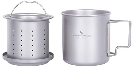 iBasingo 420ml Titan Becher mit Teesieb und Deckel Leichte Tasse mit Filter Outdoor Camping Einschichtiger Kaffeetasse mit Tragbarer Klappgriff Wandern Reise Picknick Getränke Ti3054D