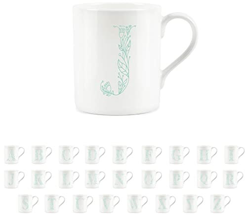 Purely Home Floral Green Letter J Mug - Fine Bone China Small Coffee Tea Mug Present Personalised Initial Gift
