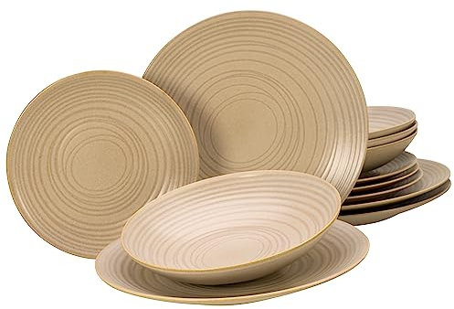 CreaTable, 23919, Serie Lava Stone Sand, 12-teiliges Geschirrset, Teller Set aus Steinzeug, spülmaschinen- und mikrowellengeeignet, Made in Portugal