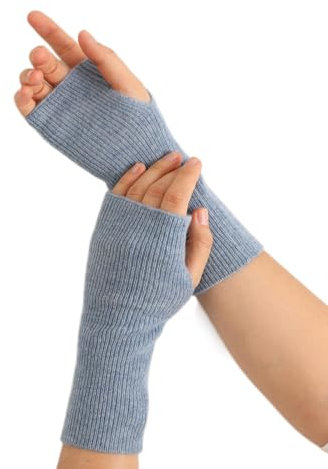 Prettystern Gerippte Damen 100% Kaschmir-Wolle Fingerlose Pulswärmer Hand-Stulpen Cashmere Halb-Handschuhe hellblau