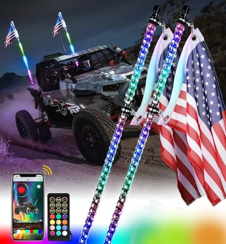 Kanduo JSY Fouet Lumineux LED IP67, 4 Pieds, 2 pièces, antenne éclairée résistante aux intempéries, Fouet RGB avec télécommande et contrôle par Application Feux de Fouet à LED