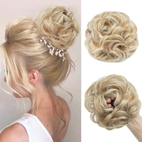 TESS Haarteil Mit Gummiband 55g, Gelockt Haargummi Mit Haaren, Goldblond/Blond, Groß Dutt Haarteil Haardutt Synthetisch Haarverlängerung für Damen Mädchen