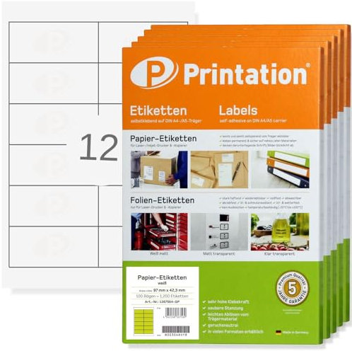 Printation Etiketten 97 x 42,3 mm - 6000 Aufkleber auf 500 Blatt DIN A4 BigPack - 2x6 12 97x42,3 Adressaufkleber selbstklebend blanko weiß - Adressetiketten Briefversand 4623 5056 LA140 3659 4781