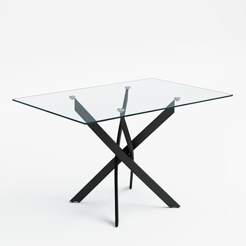 GOLDFAN Table en Verre Salle à Manger Moderne - Noir, Rectangulaire, Transparente, Verre Trempé avec Base en X - Bureau 110cm