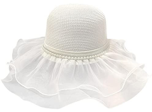 TREWQ Chapeau D'ombrage De Plage D'été Fil Blanc Femme Pliable Fedora Voyage Chapeau De Paille, Chapeau À Large Bord White-56-58cm
